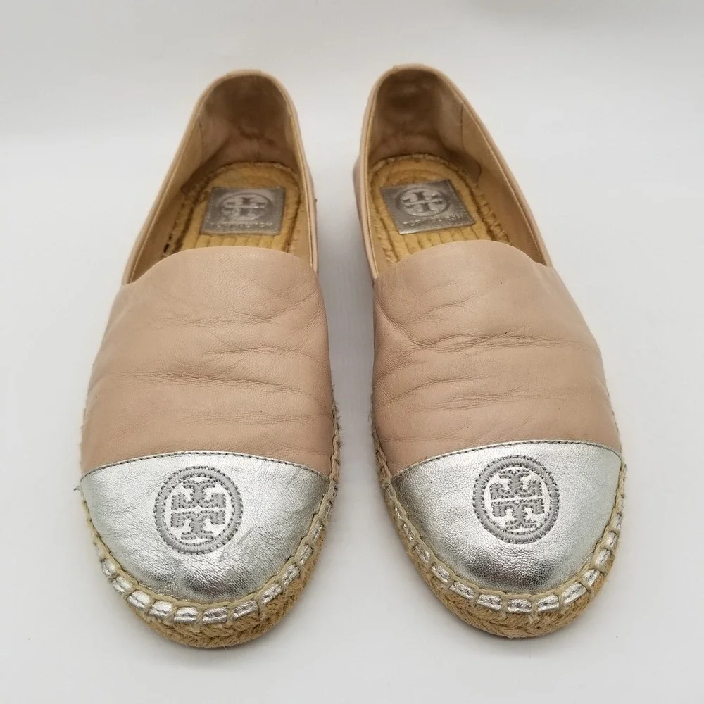 Tory Burch Espadrilles Women 7.5 Beige Silver Leather Metallic Cap Toe Flats
